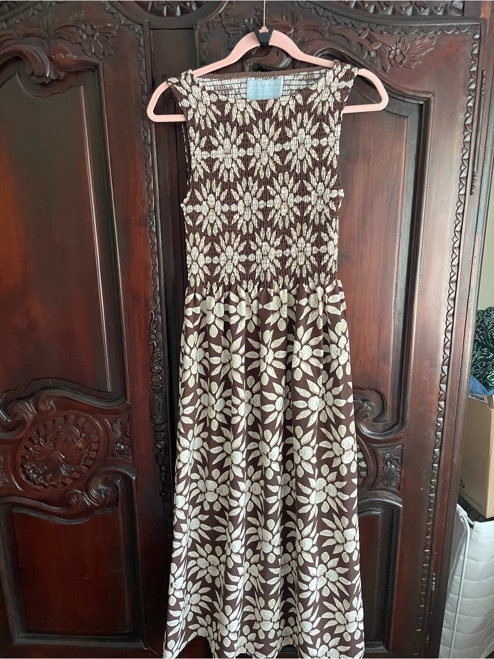 Hill House Brown and Cream Floral Smocked Maxi Dress with Sleeveless Bodice